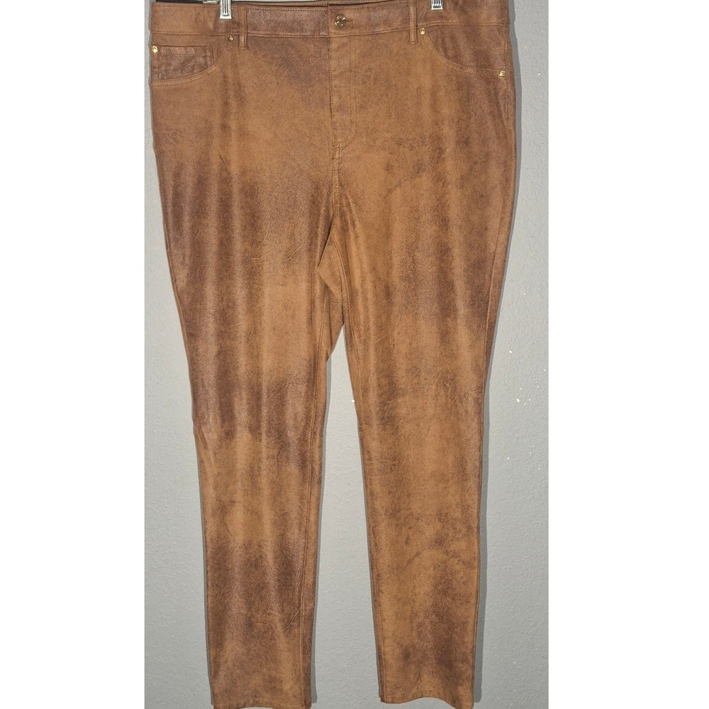 Chicos Faux Suede Pants Brown Cognac Distressed Stretch Slim Leg Size 2.5 L XL